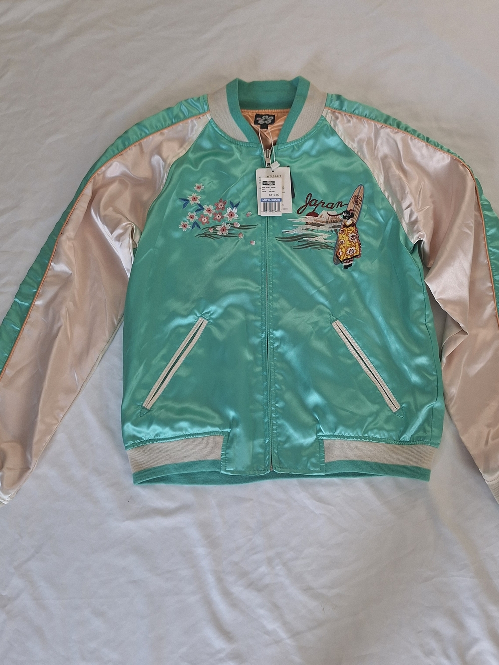 NWT Namitatsu VTG Rare Japanese Teal And White Embroidery WomenJacket With Map L